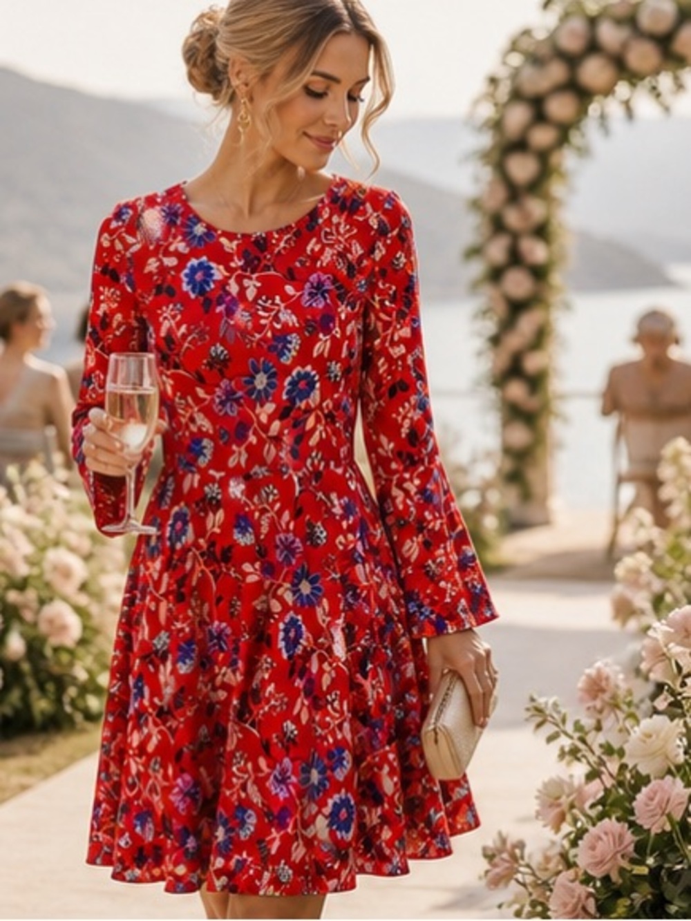 Donna Morgan Red Floral Dress Long Sleeve Fit & Flare |  Wedding Guest
